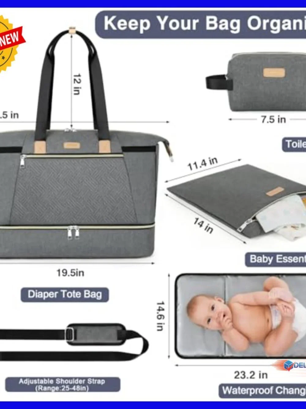Large Nylon Diaper Bag Tote with Changing Pad, Insulated Pockets, Stroller
